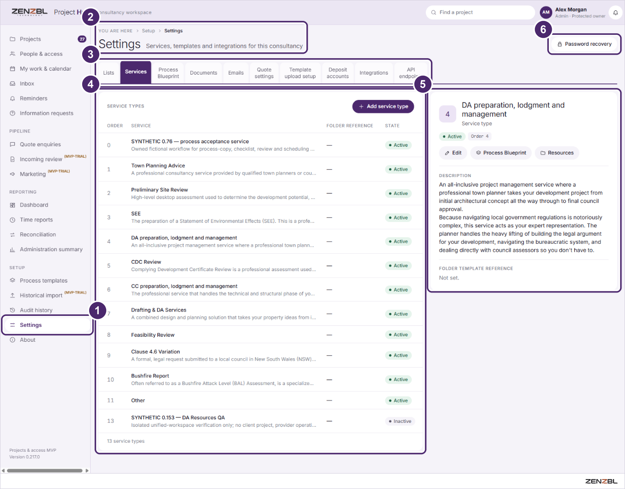 The Settings page on the Services tab, with six numbered areas outlined