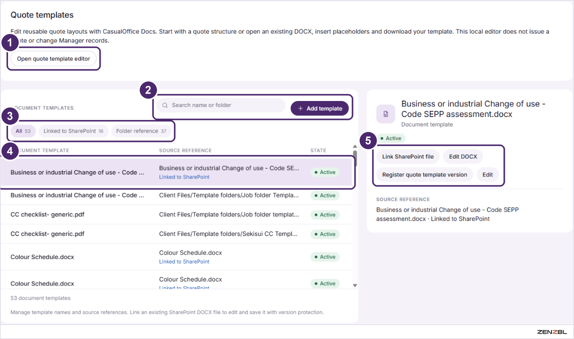 The Documents tab with the quote templates box, the template list and a detail panel