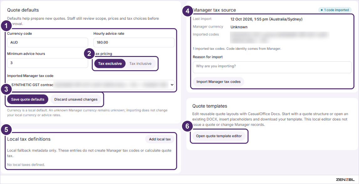 The Quote settings tab with six numbered areas