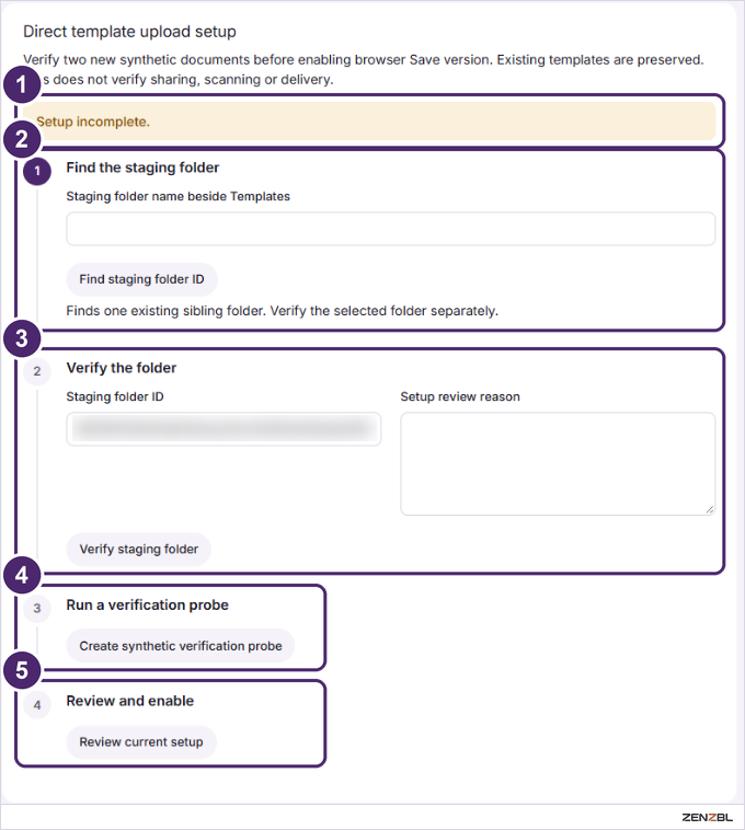 The Direct template upload setup panel with a status banner and four steps