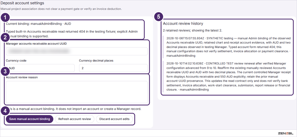 The Deposit account settings panel and the Account review history beside it