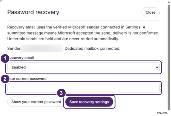 The Password recovery side panel with three numbered areas