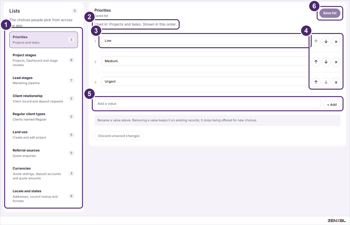 The Lists tab with the nine lists on the left and the Priorities list open on the right