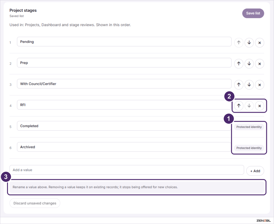 The Project stages list, where Completed and Archived carry a Protected identity label