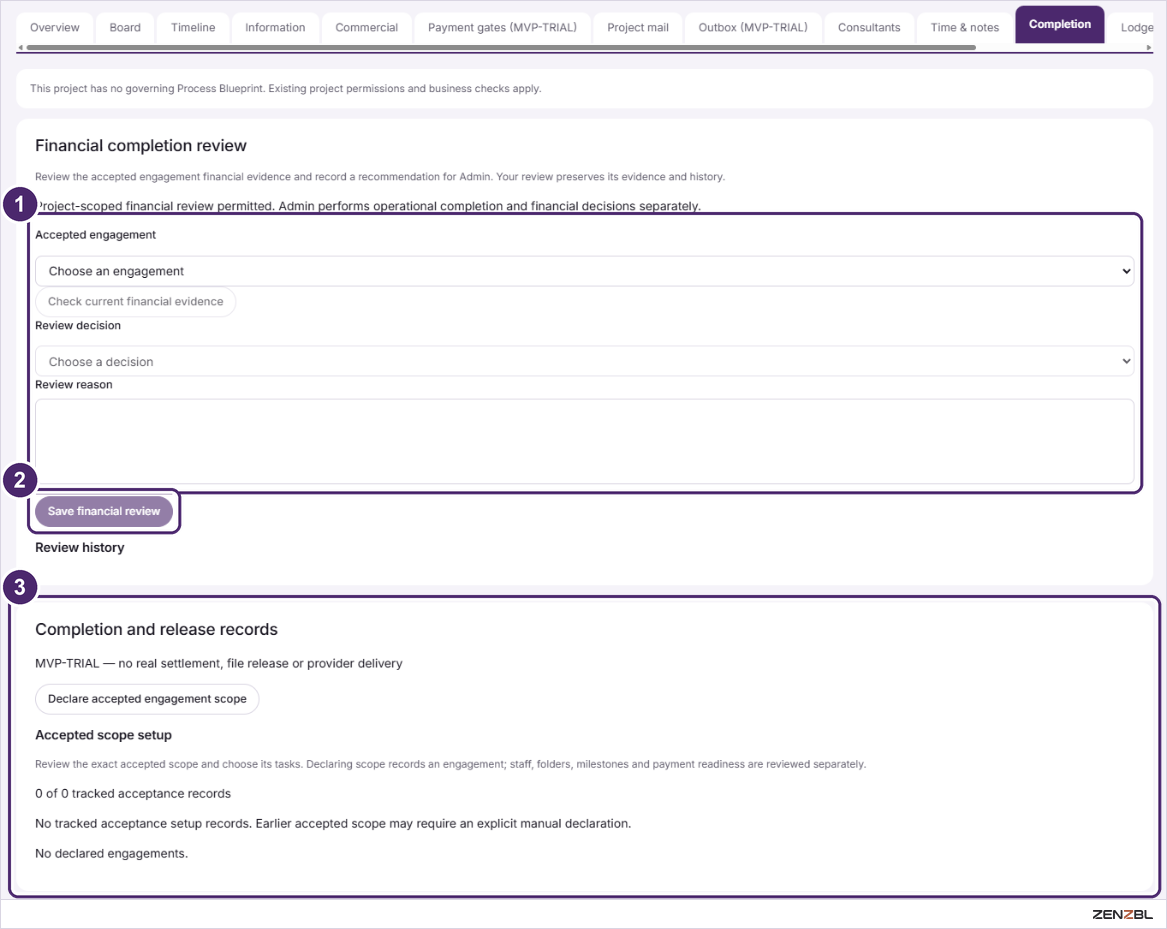 The Completion tab with the financial completion review form and completion records