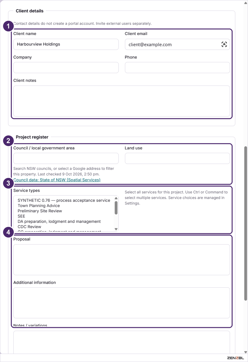 The Client details and Project register blocks of the Edit project form