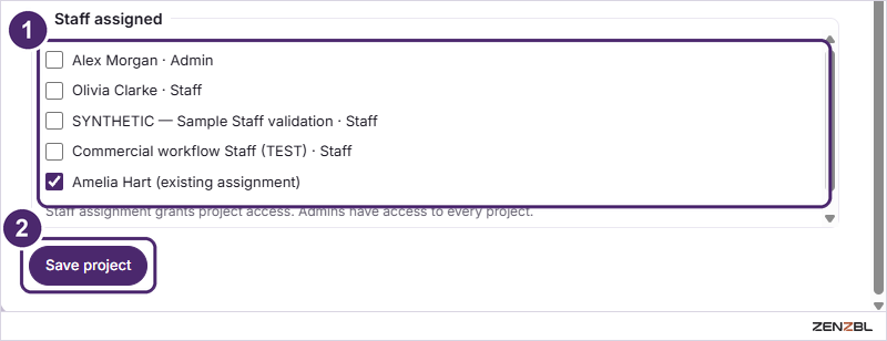 The Staff assigned block and the Save project button