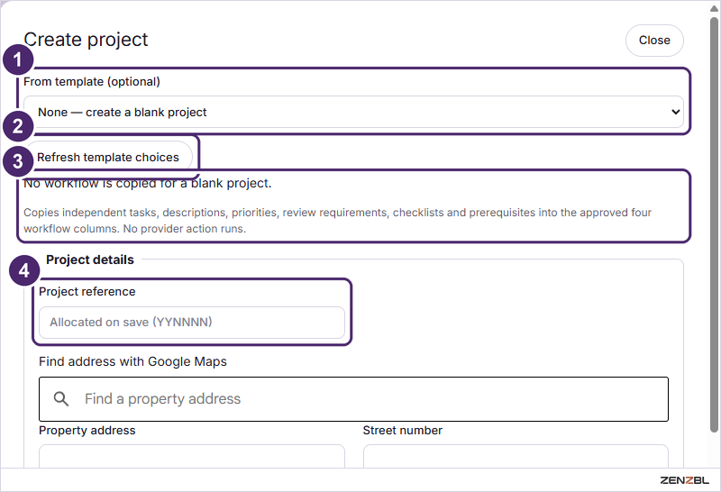 The top of the Create project form with the template picker and the reference field