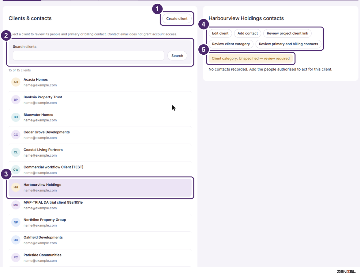 The Clients and contacts tab with the client list on the left and a selected client's panel on the right