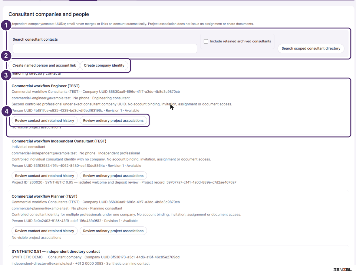 The Consultants tab with a search panel, two create buttons and consultant entries