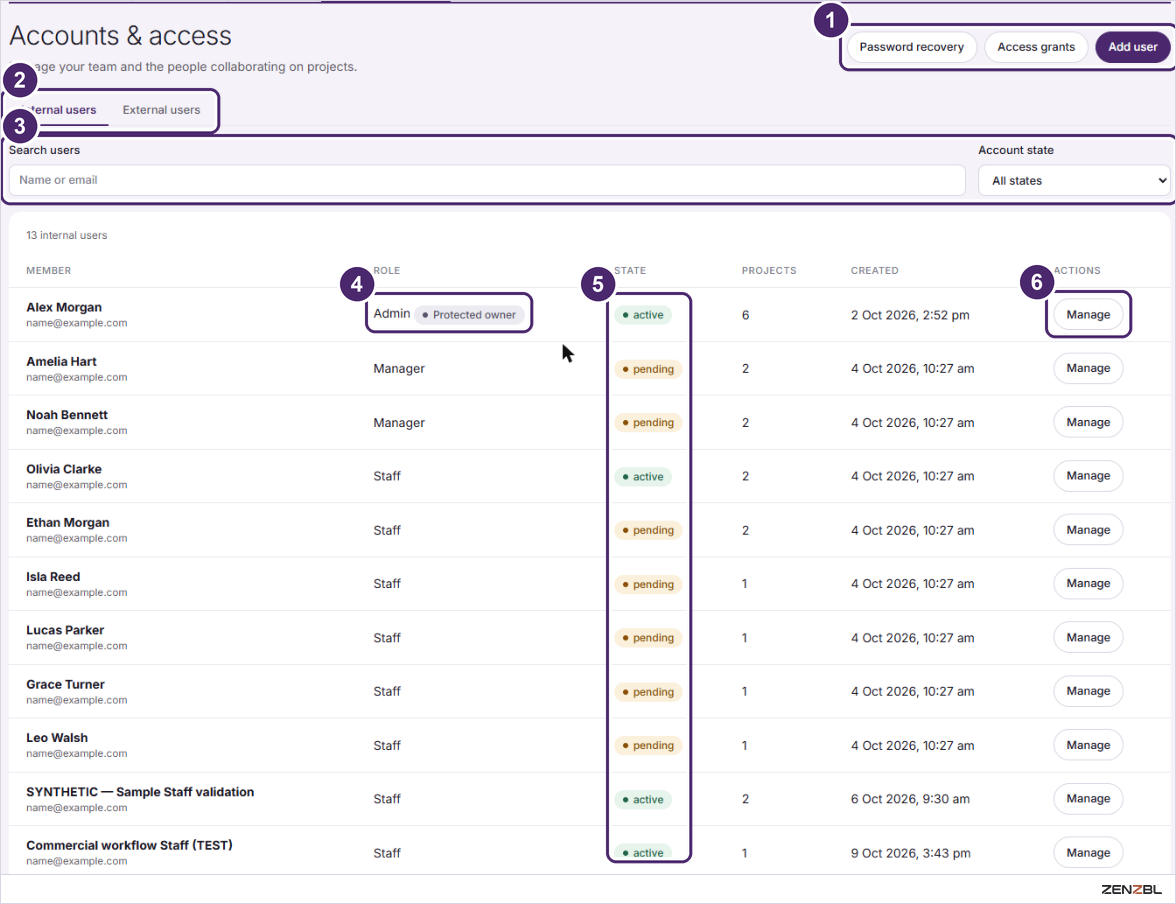 The Accounts and access tab with a table of internal users, their roles and states