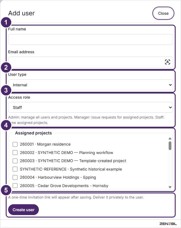 The Add user panel with name, email, user type, access role, assigned projects and the Create user button