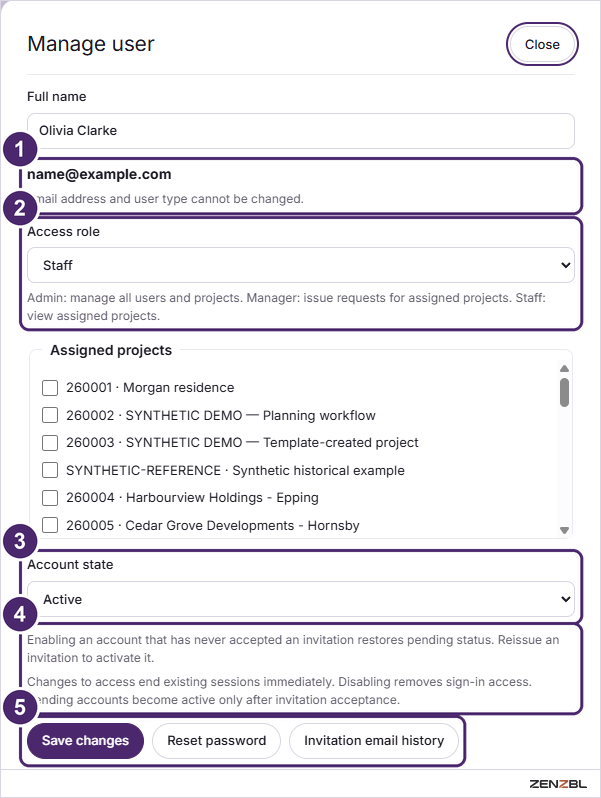 The Manage user panel with role, assigned projects, account state and three buttons
