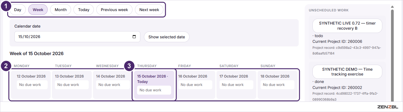 The week view with seven day columns and the unscheduled work column