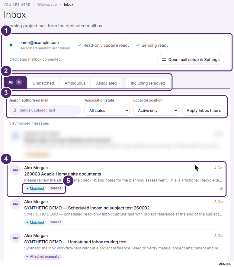 The Inbox with mailbox status, tabs, filters and messages