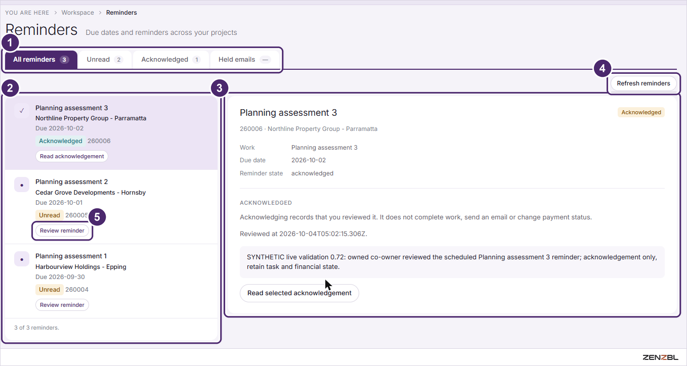 The Reminders screen with tabs, a reminder list and the selected reminder