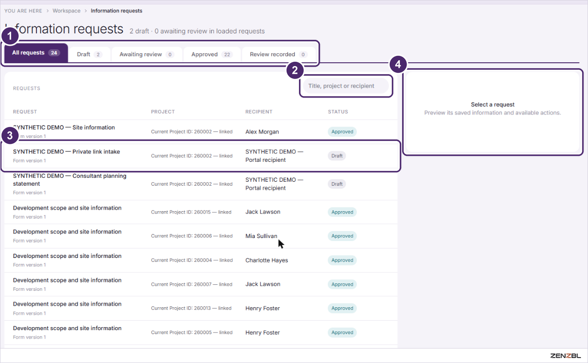 The Information requests screen with tabs, a list and a preview panel