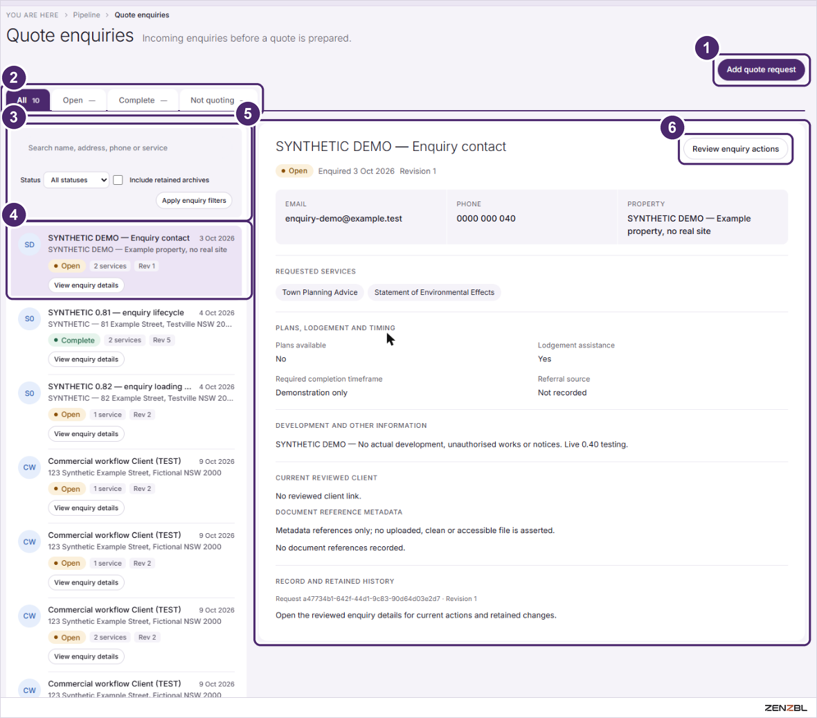The Quote enquiries screen with the enquiry list and a selected enquiry