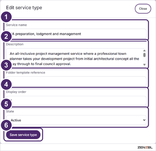 The Edit service type dialog