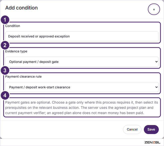 The Add condition dialog set to a payment gate