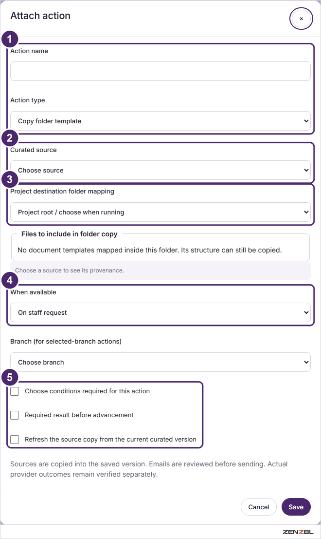The Attach action dialog